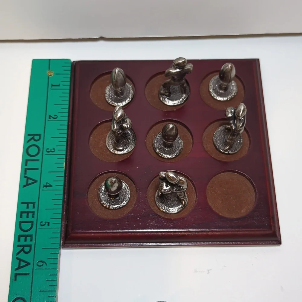 Pewter football players and footballs tic tac toe game with board